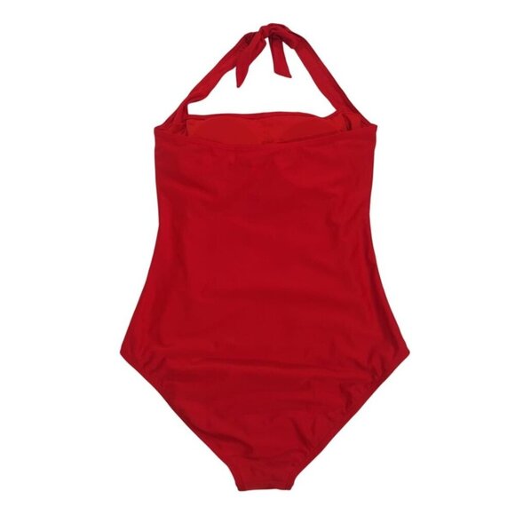 Red Halter One-Piece Swimsuit With Ruched Front & Tie Neck By Smismivo, L NWT - Picture 2 of 6